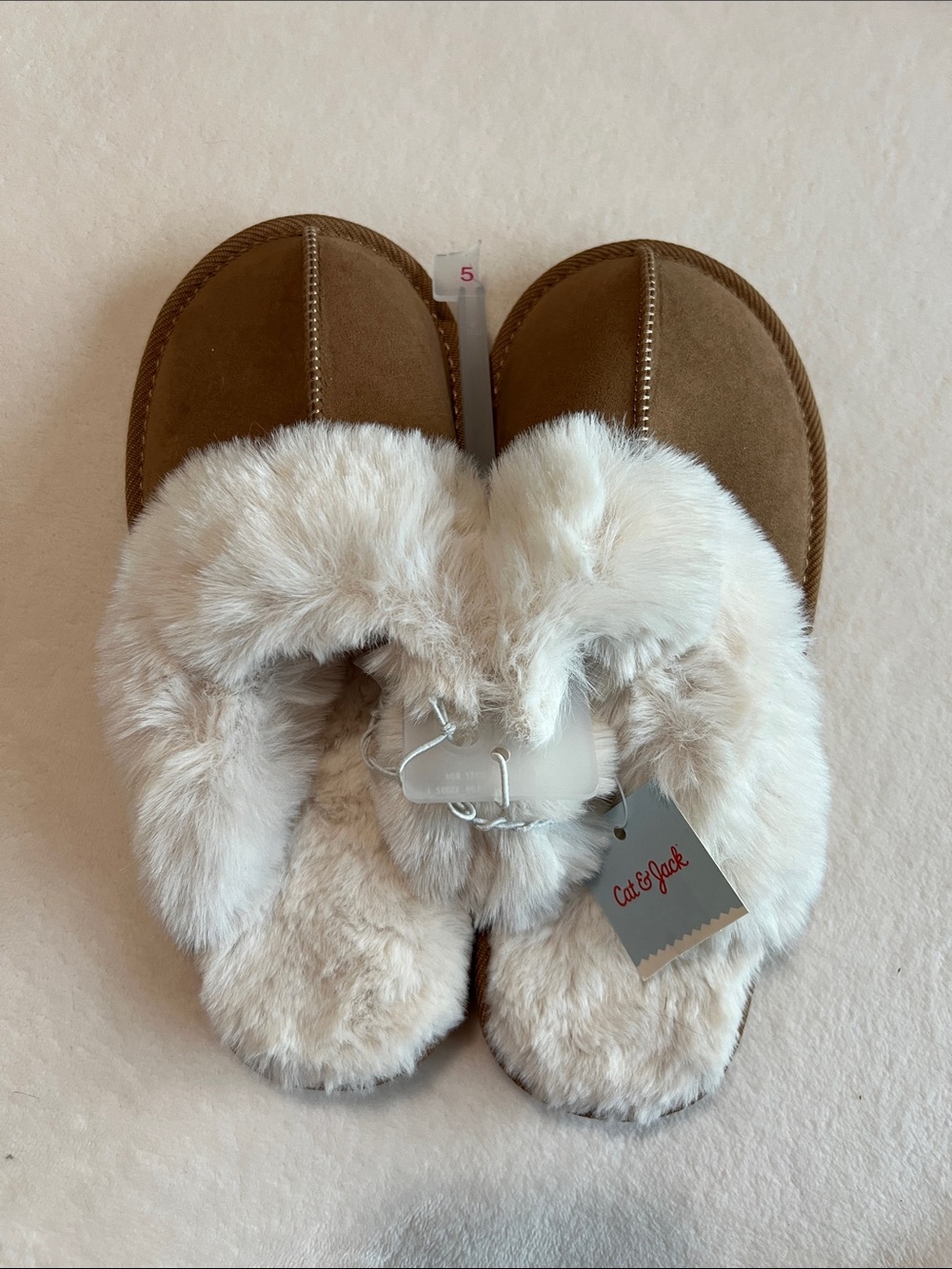 Cat & Jack Kids' Brown Slip-On Slippers with Cream Faux-Fur Trim